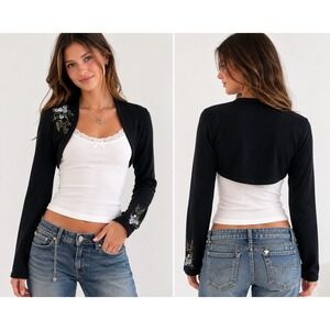FREE PEOPLE Vtg 90s Y2K Floral Embroidered Knit Shrug Bolero Cardigan Black Sz L